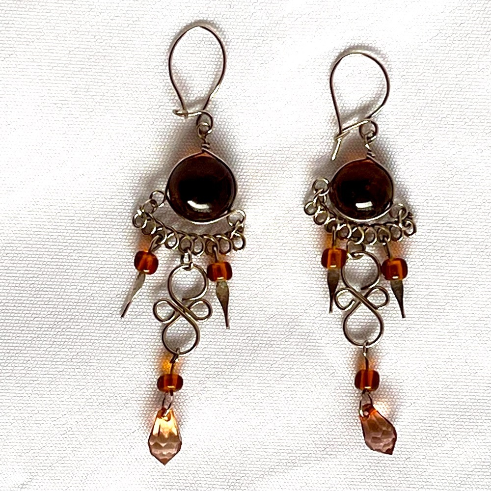 Silvertone Chandelier Earrings Faux Amber Cabochon, Bead & Dagger Shaped Dangles